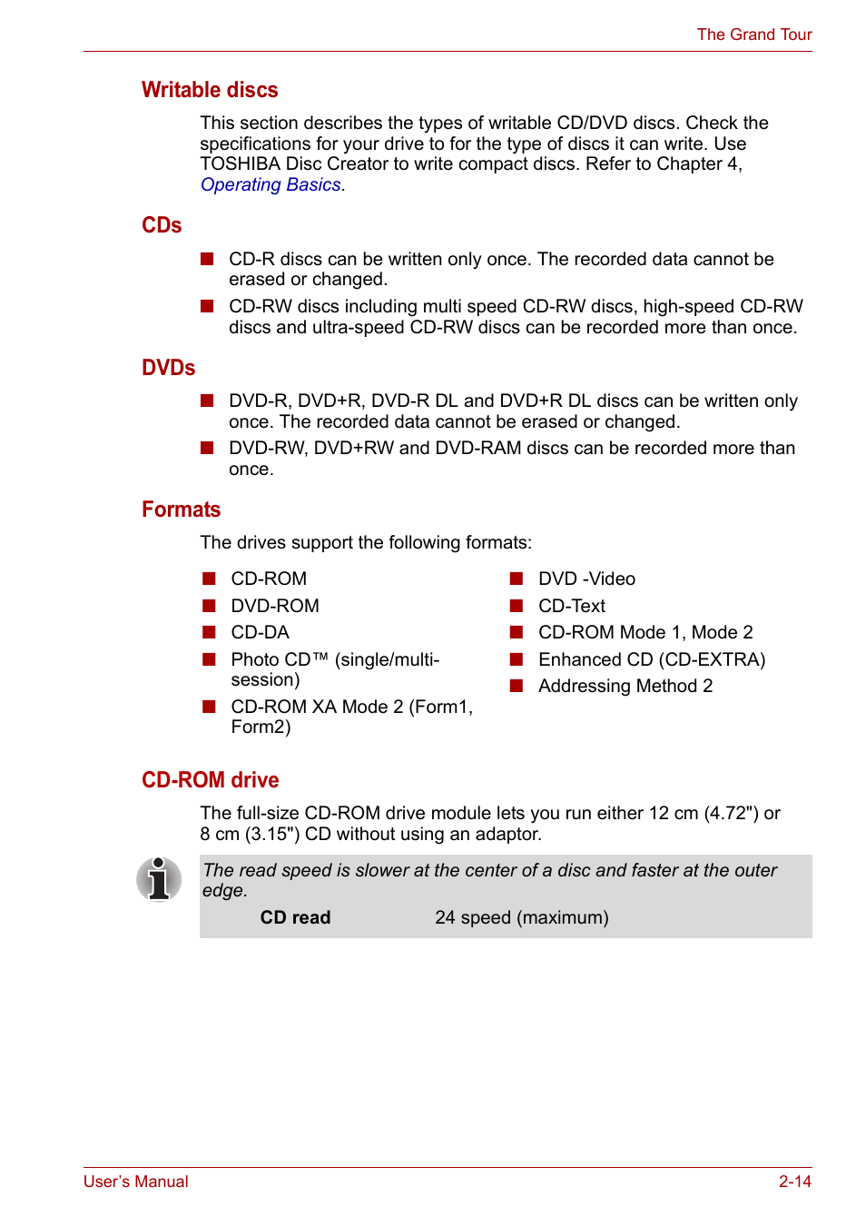 Writable discs, Dvds, Formats | Cd-rom drive | Toshiba Satellite Pro A120 (PSAC1) User Manual | Page 50 / 205