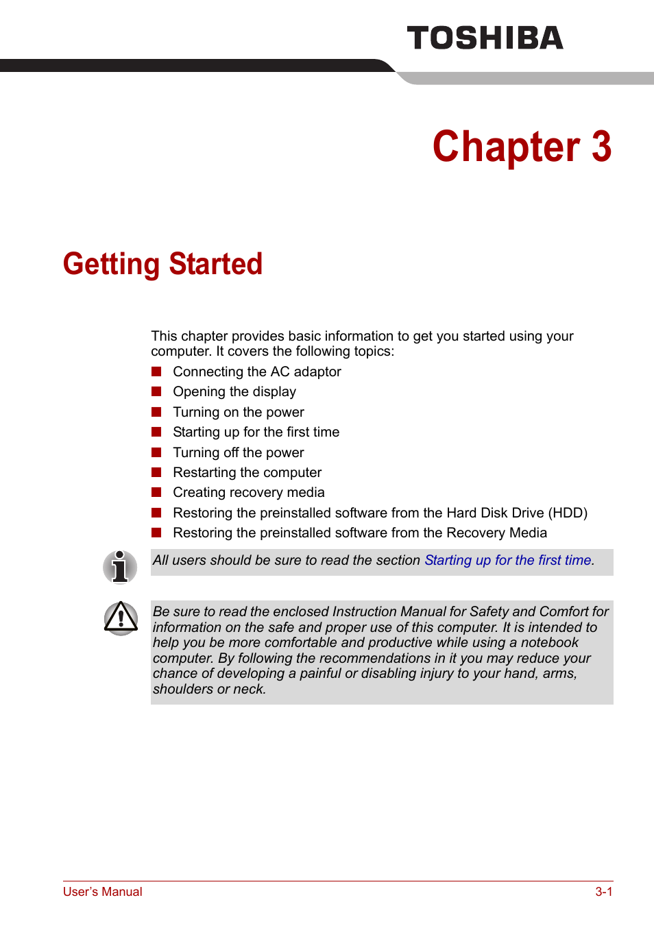 Chapter 3: getting started, Getting started, Chapter 3 | Toshiba Satellite Pro A120 (PSAC1) User Manual | Page 53 / 205