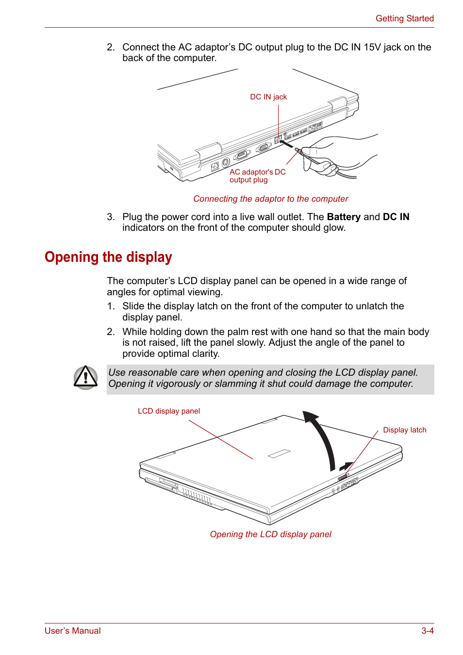 Opening the display, Opening the display -4 | Toshiba Satellite Pro A120 (PSAC1) User Manual | Page 56 / 205