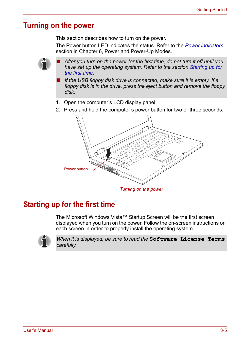 Turning on the power, Starting up for the first time | Toshiba Satellite Pro A120 (PSAC1) User Manual | Page 57 / 205