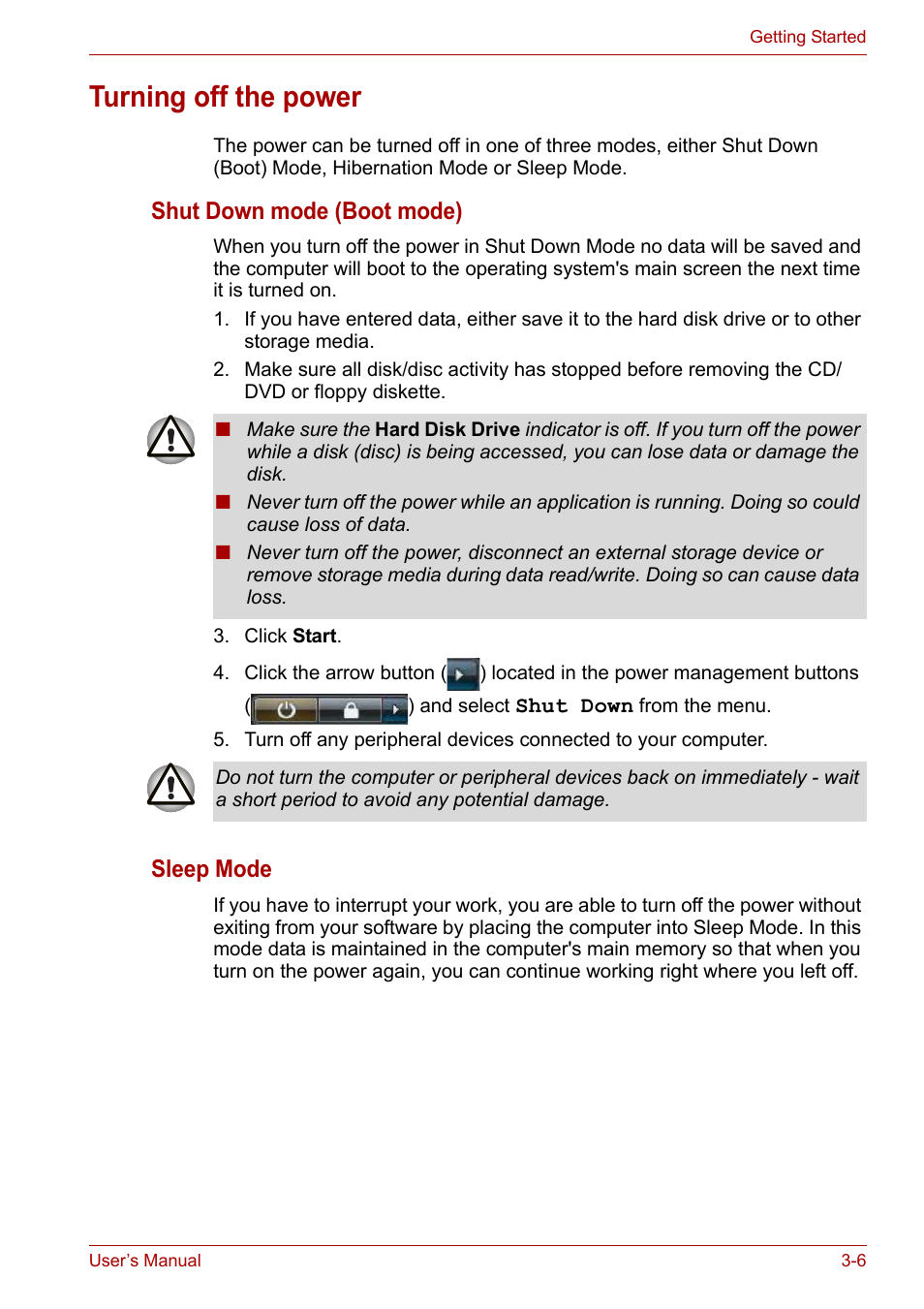 Turning off the power, Turning off the power -6, Shut down mode (boot mode) | Sleep mode | Toshiba Satellite Pro A120 (PSAC1) User Manual | Page 58 / 205