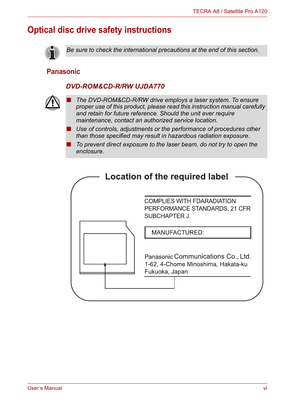 Optical disc drive safety instructions | Toshiba Satellite Pro A120 (PSAC1) User Manual | Page 6 / 205