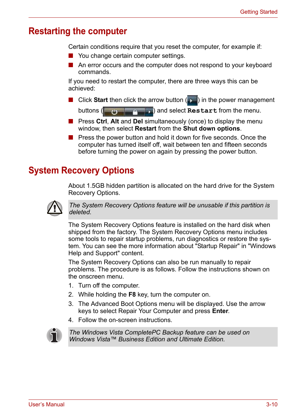Restarting the computer, System recovery options | Toshiba Satellite Pro A120 (PSAC1) User Manual | Page 62 / 205