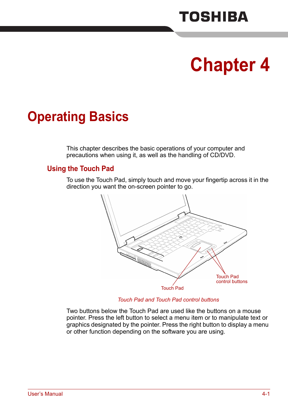 Chapter 4: operating basics, Operating basics, Chapter 4 | Toshiba Satellite Pro A120 (PSAC1) User Manual | Page 64 / 205