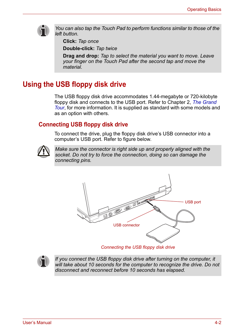 Using the usb floppy disk drive, Using the usb floppy disk drive -2, Connecting usb floppy disk drive | Toshiba Satellite Pro A120 (PSAC1) User Manual | Page 65 / 205