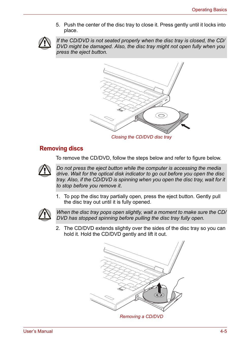 Removing discs | Toshiba Satellite Pro A120 (PSAC1) User Manual | Page 68 / 205