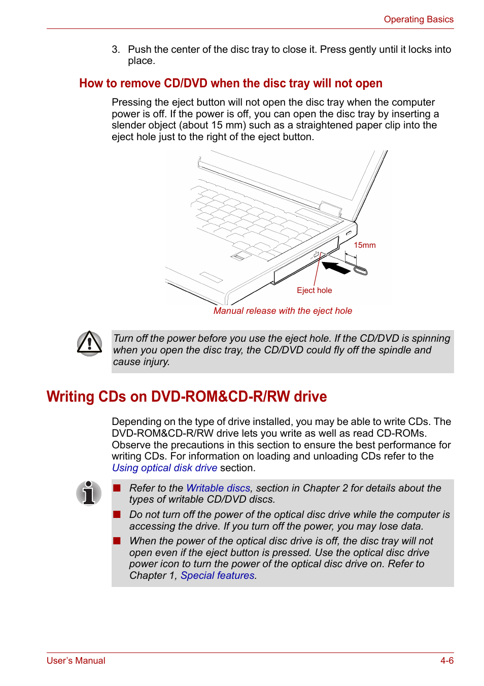 Writing cds on dvd-rom&cd-r/rw drive, Writing cds on dvd-rom&cd-r/rw drive -6, Writing cds on | Dvd-rom&cd-r/rw drive | Toshiba Satellite Pro A120 (PSAC1) User Manual | Page 69 / 205