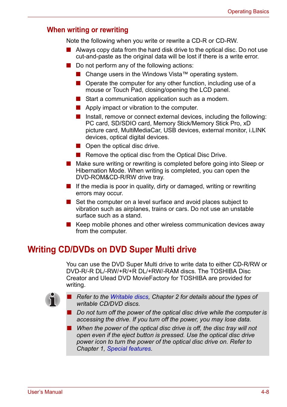 Writing cd/dvds on dvd super multi drive, Writing cd/dvds on dvd super multi drive -8, Writing cd/dvds on | Dvd super multi drive, When writing or rewriting | Toshiba Satellite Pro A120 (PSAC1) User Manual | Page 71 / 205