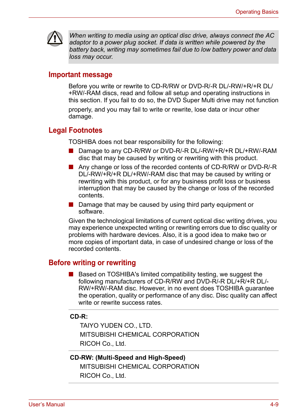 Important message, Before writing or rewriting | Toshiba Satellite Pro A120 (PSAC1) User Manual | Page 72 / 205