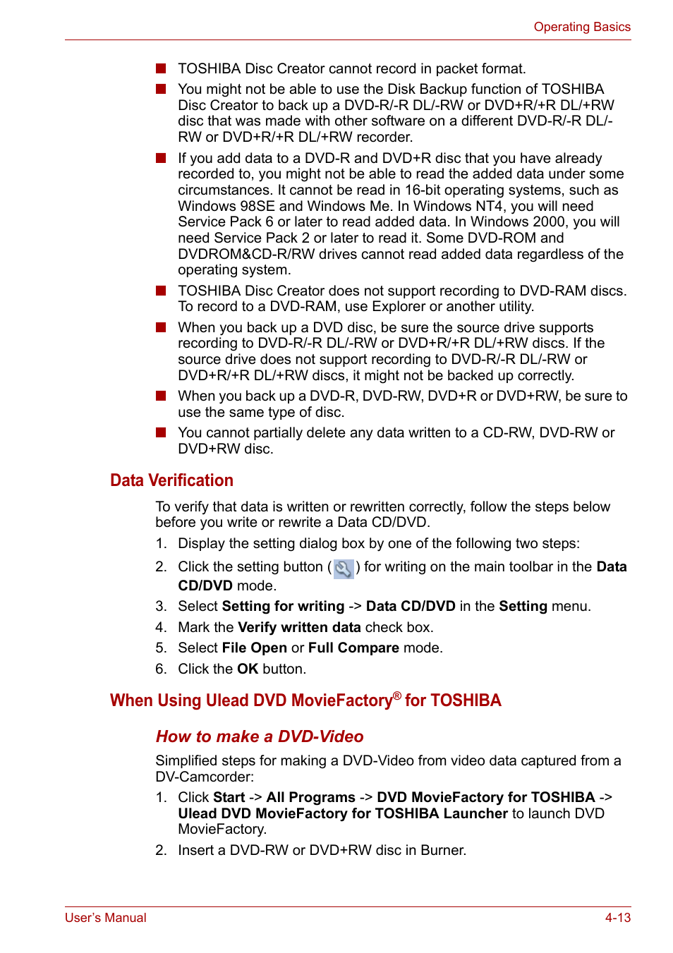 Data verification, When using ulead dvd moviefactory, For toshiba | Toshiba Satellite Pro A120 (PSAC1) User Manual | Page 76 / 205