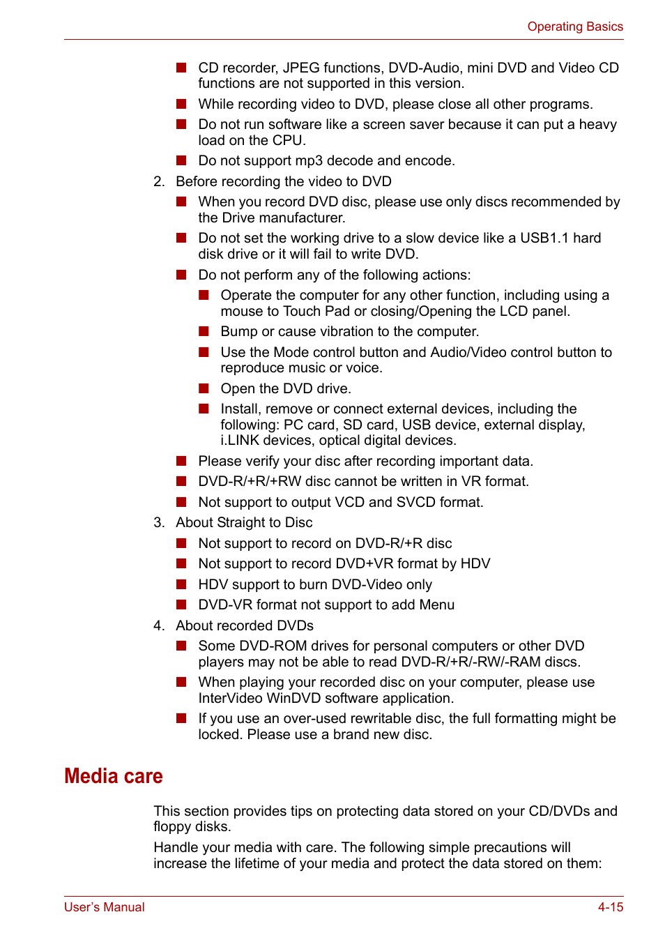 Media care, Media care -15 | Toshiba Satellite Pro A120 (PSAC1) User Manual | Page 78 / 205