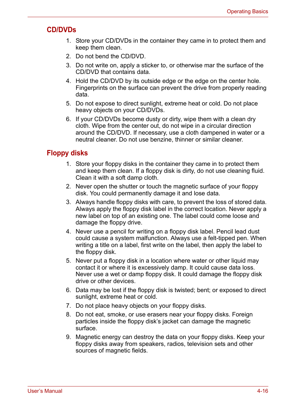 Cd/dvds, Floppy disks | Toshiba Satellite Pro A120 (PSAC1) User Manual | Page 79 / 205