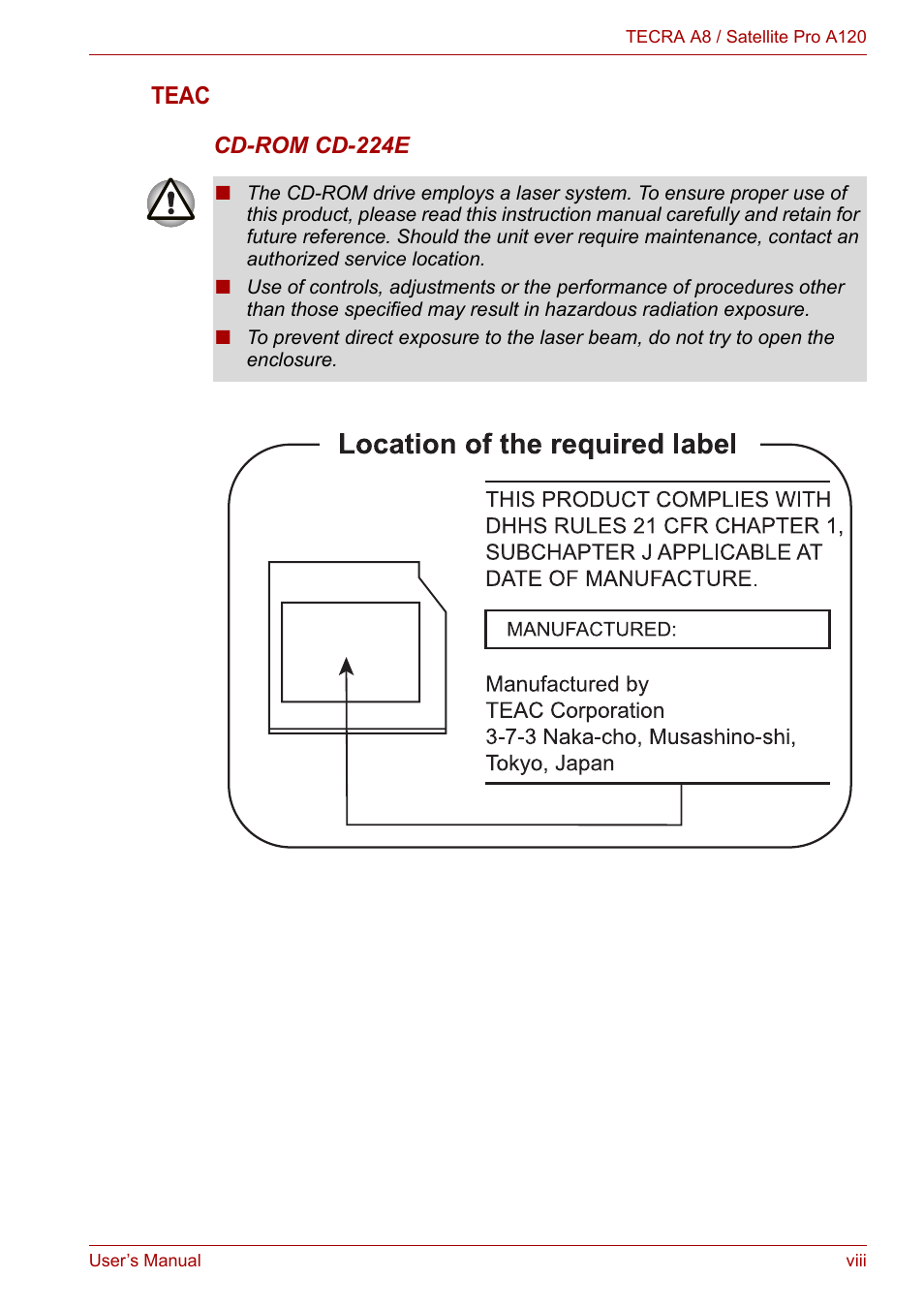 Teac | Toshiba Satellite Pro A120 (PSAC1) User Manual | Page 8 / 205