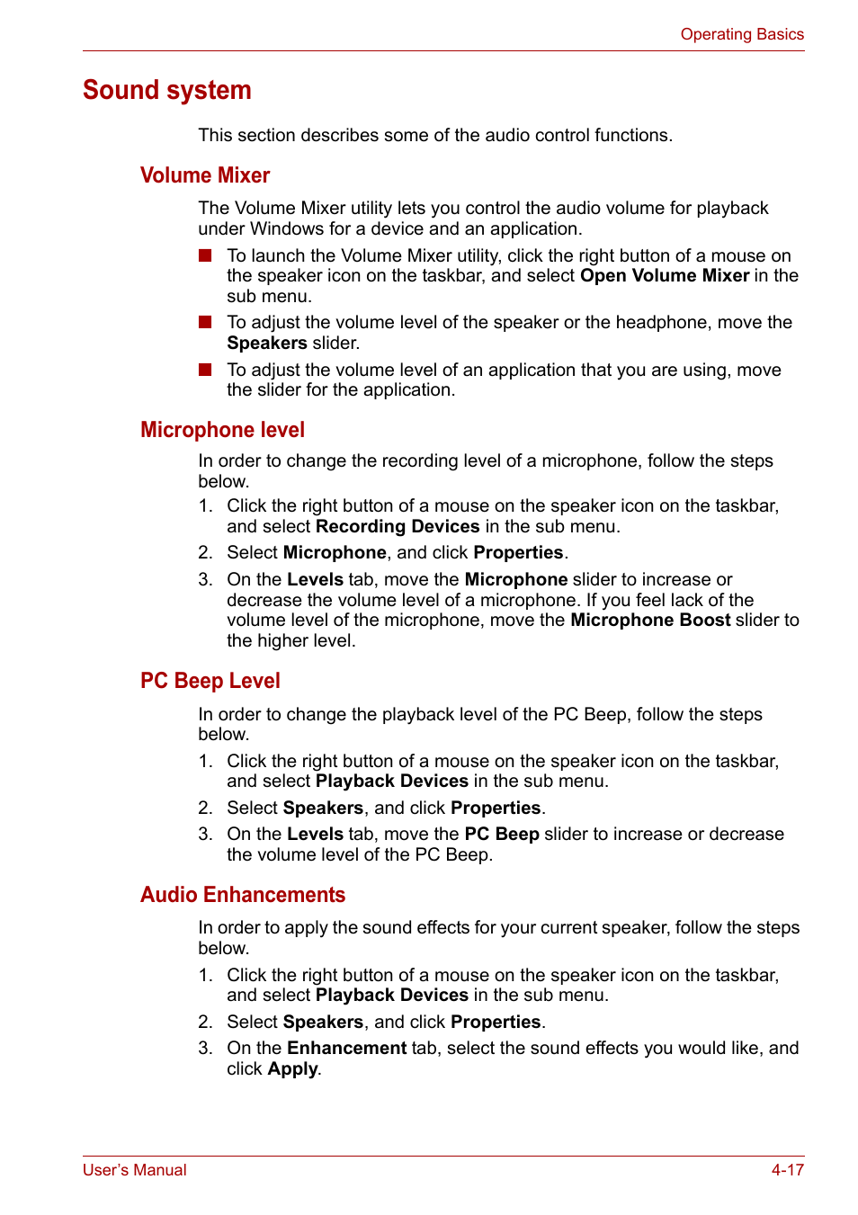 Sound system, Sound system -17, Volume mixer | Microphone level, Pc beep level, Audio enhancements | Toshiba Satellite Pro A120 (PSAC1) User Manual | Page 80 / 205