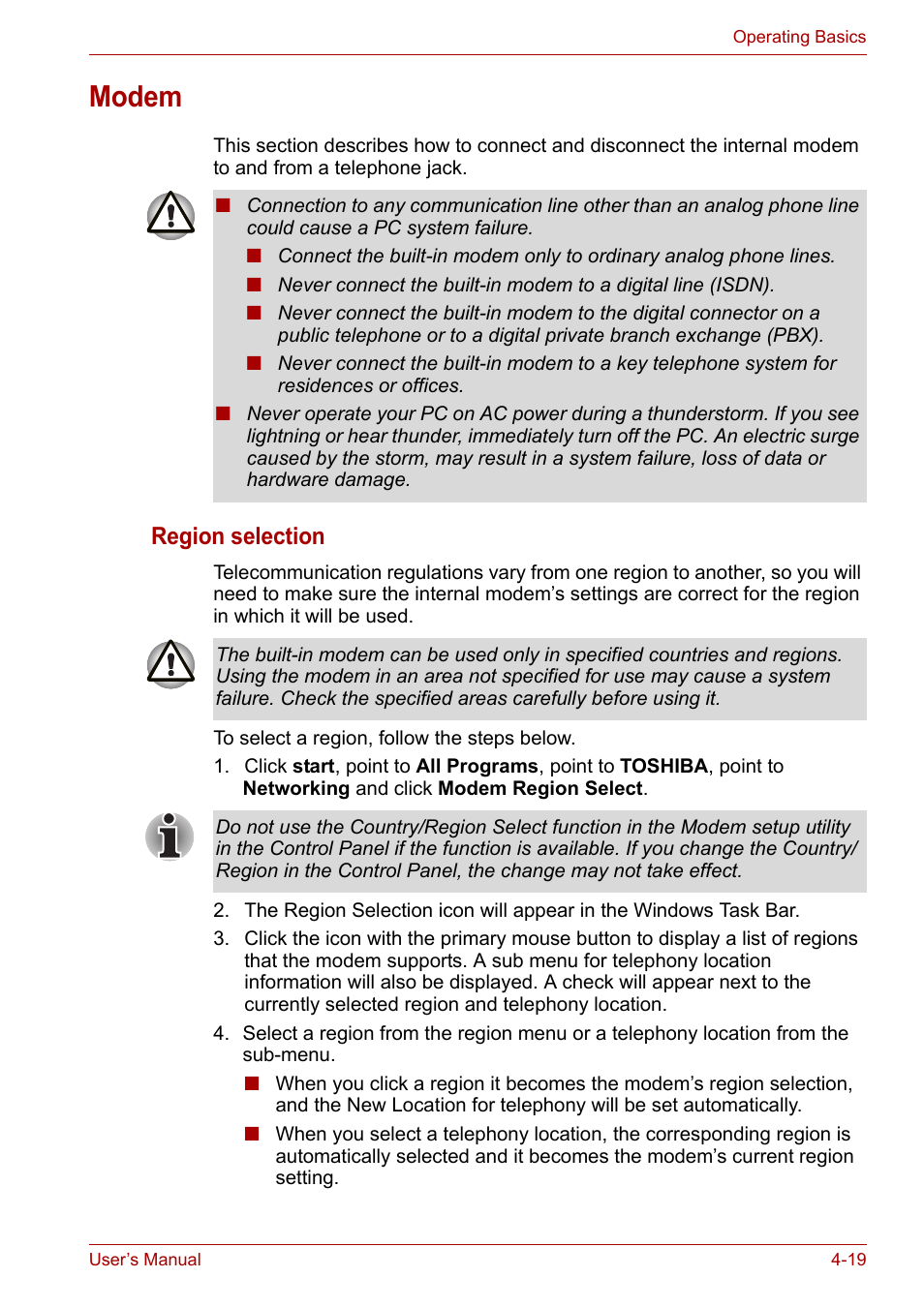 Modem, Modem -19, Region selection | Toshiba Satellite Pro A120 (PSAC1) User Manual | Page 82 / 205