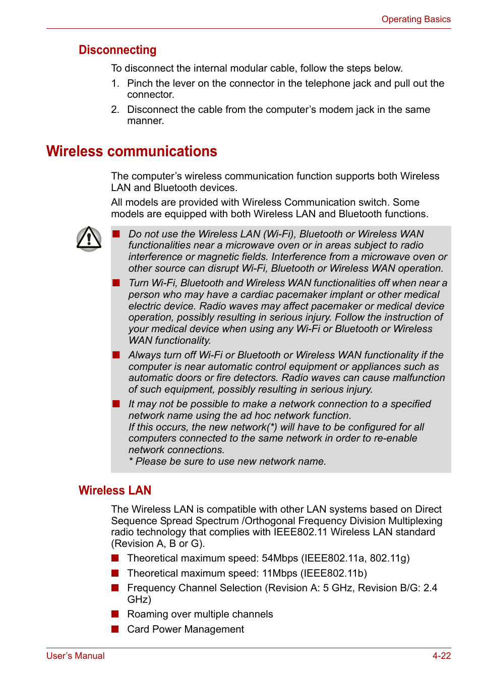 Wireless communications, Wireless communications -22, Disconnecting | Wireless lan | Toshiba Satellite Pro A120 (PSAC1) User Manual | Page 85 / 205