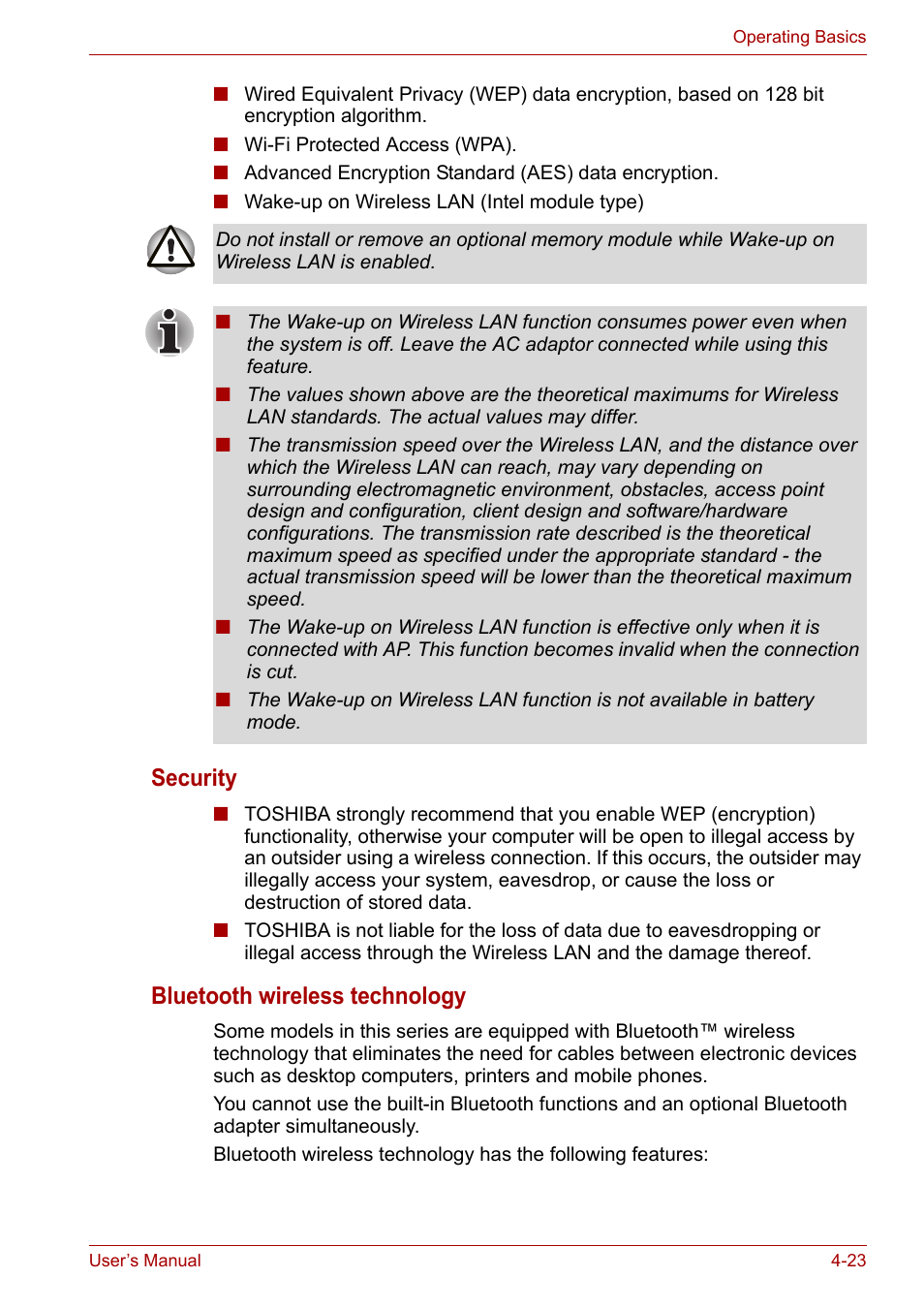 Security, Bluetooth wireless technology | Toshiba Satellite Pro A120 (PSAC1) User Manual | Page 86 / 205