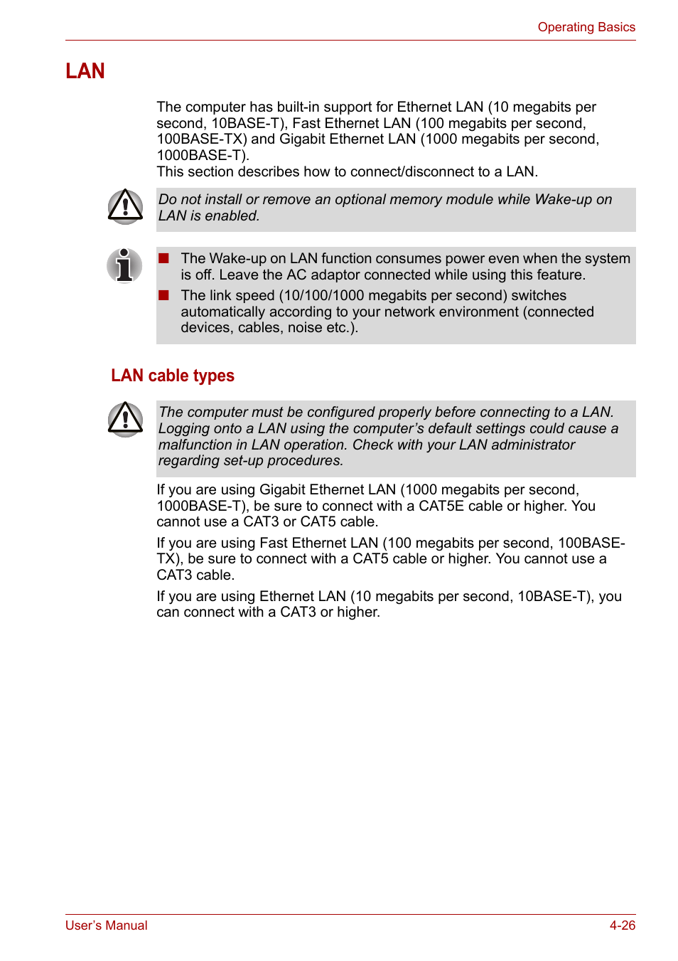 Lan -26, Lan cable types | Toshiba Satellite Pro A120 (PSAC1) User Manual | Page 89 / 205