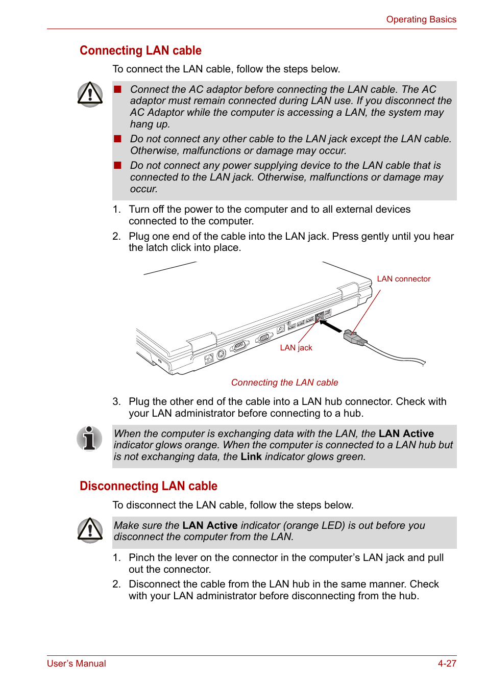 Connecting lan cable, Disconnecting lan cable | Toshiba Satellite Pro A120 (PSAC1) User Manual | Page 90 / 205