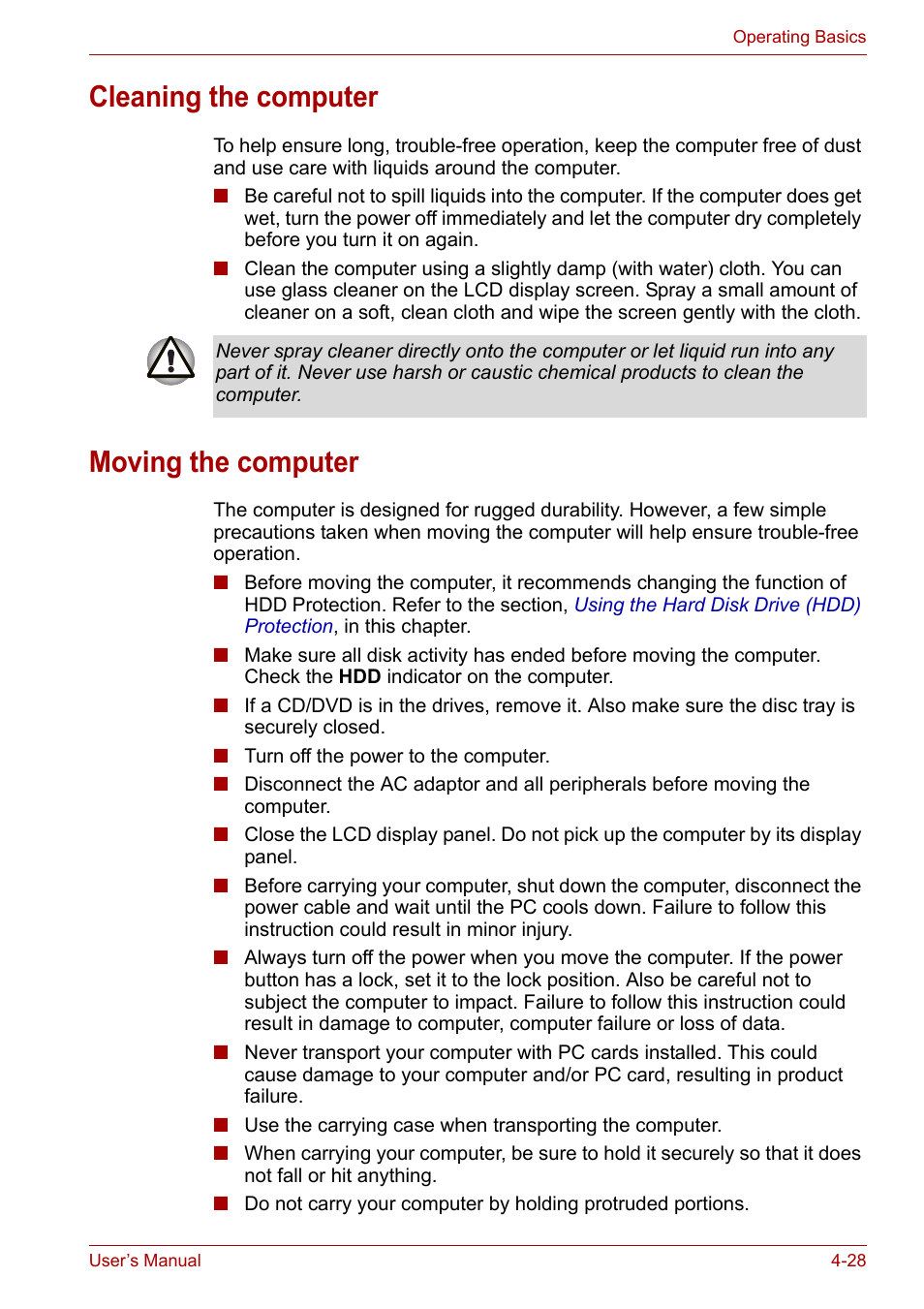 Cleaning the computer, Moving the computer, Cleaning the computer -28 moving the computer -28 | Toshiba Satellite Pro A120 (PSAC1) User Manual | Page 91 / 205