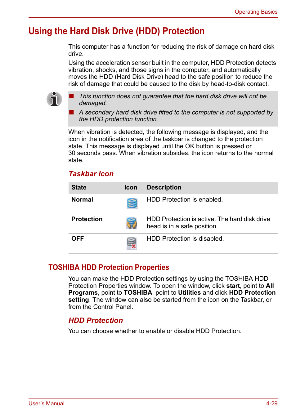 Using the hard disk drive (hdd) protection, Using the hard disk drive (hdd) protection -29, Toshiba hdd protection properties | Toshiba Satellite Pro A120 (PSAC1) User Manual | Page 92 / 205