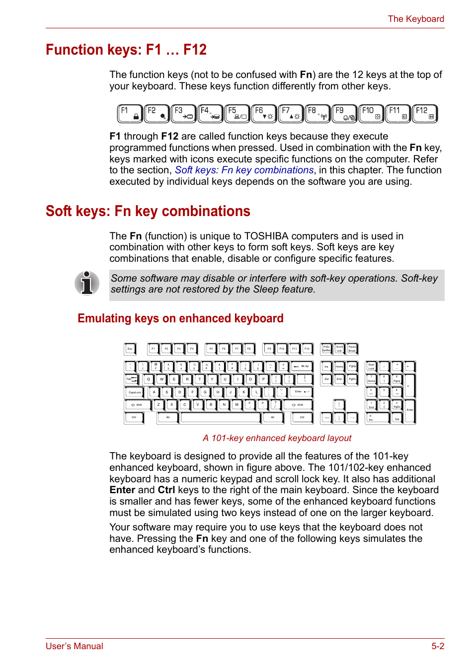 Function keys: f1 … f12, Soft keys: fn key combinations, Emulating keys on enhanced keyboard | User’s manual 5-2 the keyboard, A 101-key enhanced keyboard layout | Toshiba Satellite Pro A120 (PSAC1) User Manual | Page 96 / 205