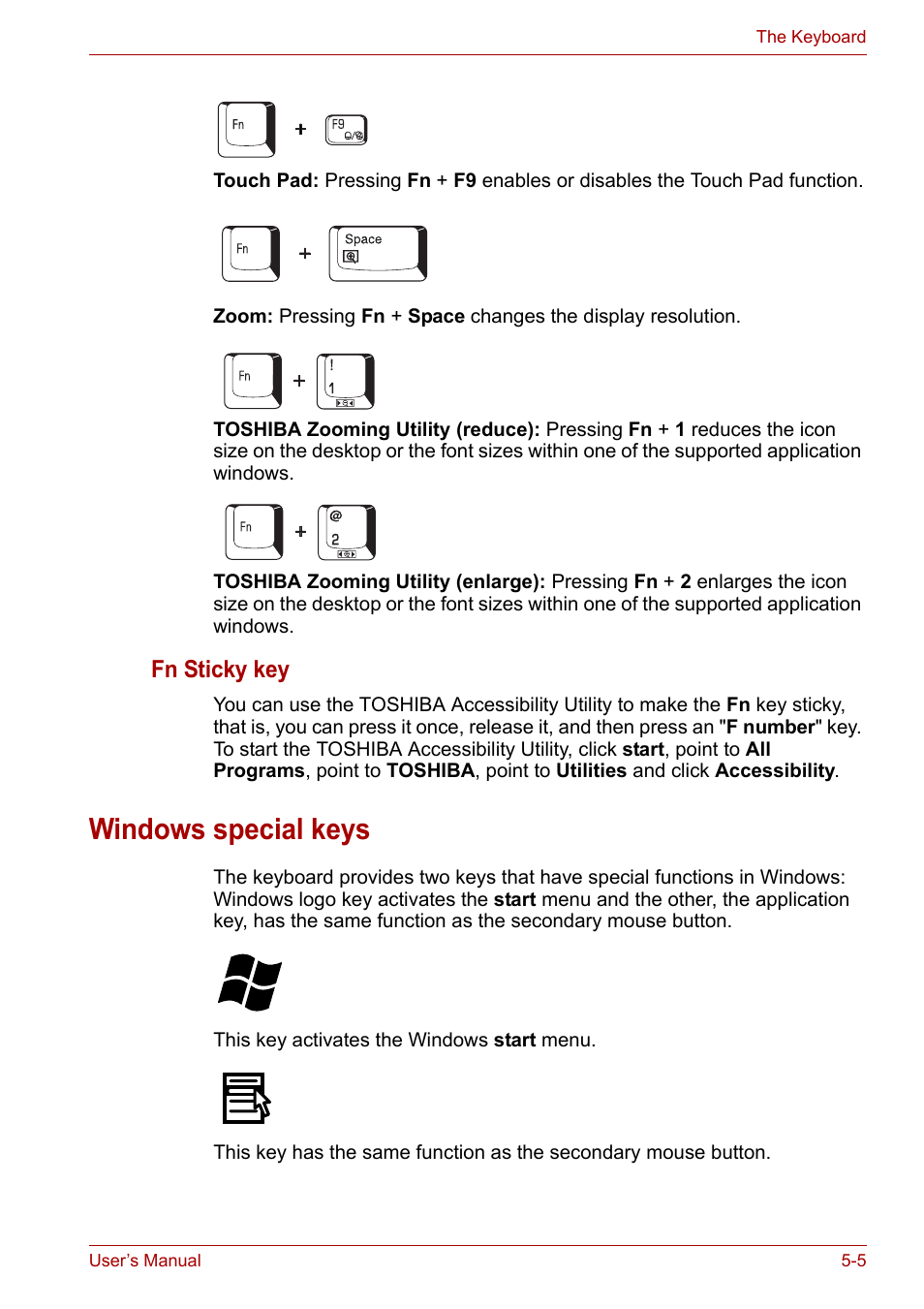 Windows special keys, Windows special keys -5, Fn sticky key | Toshiba Satellite Pro A120 (PSAC1) User Manual | Page 99 / 205