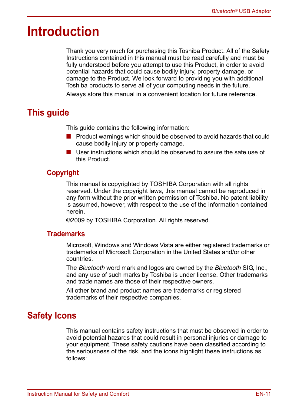 Introduction, This guide, Copyright | Trademarks, Safety icons | Toshiba Bluetooth USB Adapter (PA3710) User Manual | Page 11 / 20