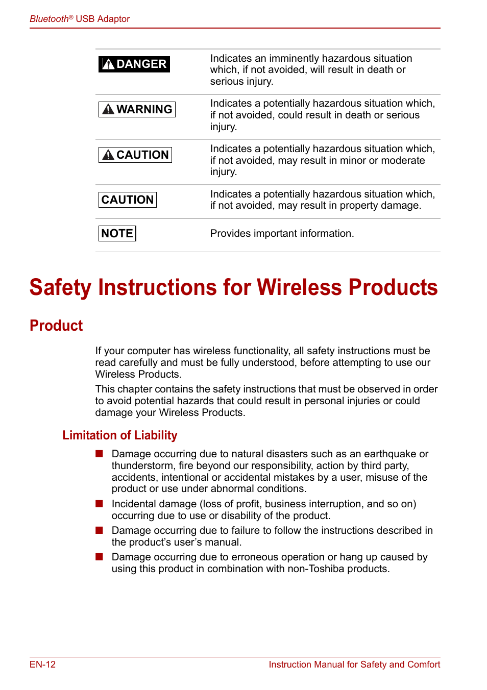 Safety instructions for wireless products, Product, Limitation of liability | Toshiba Bluetooth USB Adapter (PA3710) User Manual | Page 12 / 20