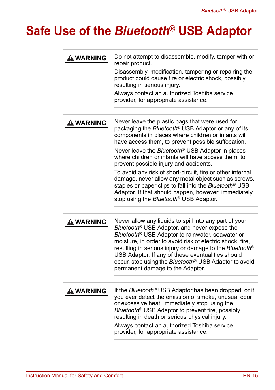 Safe use of the bluetooth® usb adaptor, Safe use of the bluetooth, Usb adaptor | Toshiba Bluetooth USB Adapter (PA3710) User Manual | Page 15 / 20