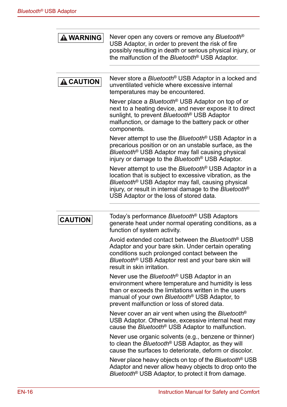 Warning caution caution | Toshiba Bluetooth USB Adapter (PA3710) User Manual | Page 16 / 20