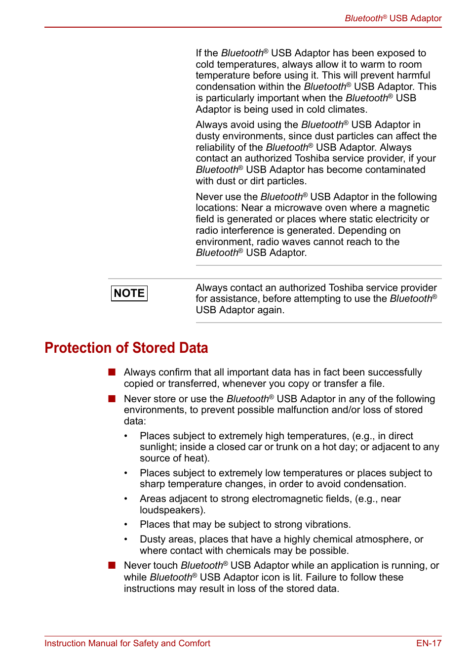 Protection of stored data | Toshiba Bluetooth USB Adapter (PA3710) User Manual | Page 17 / 20