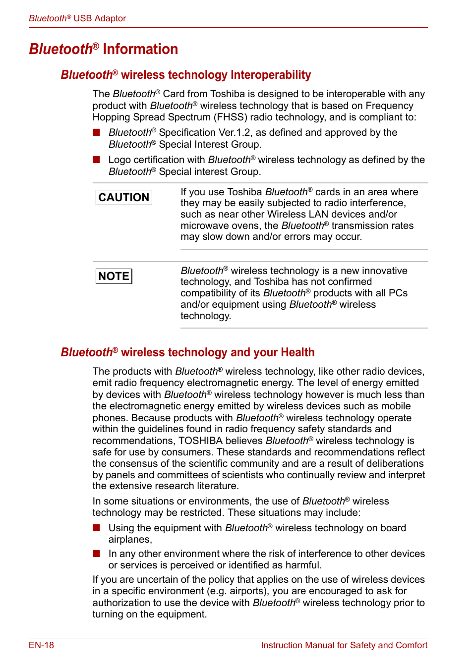 Bluetooth® information, Bluetooth® wireless technology interoperability, Bluetooth® wireless technology and your health | Bluetooth, Information, Wireless technology interoperability, Wireless technology and your health | Toshiba Bluetooth USB Adapter (PA3710) User Manual | Page 18 / 20