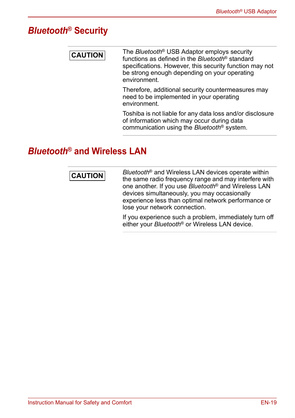 Bluetooth® security, Bluetooth® and wireless lan, Bluetooth | Security bluetooth, And wireless lan | Toshiba Bluetooth USB Adapter (PA3710) User Manual | Page 19 / 20