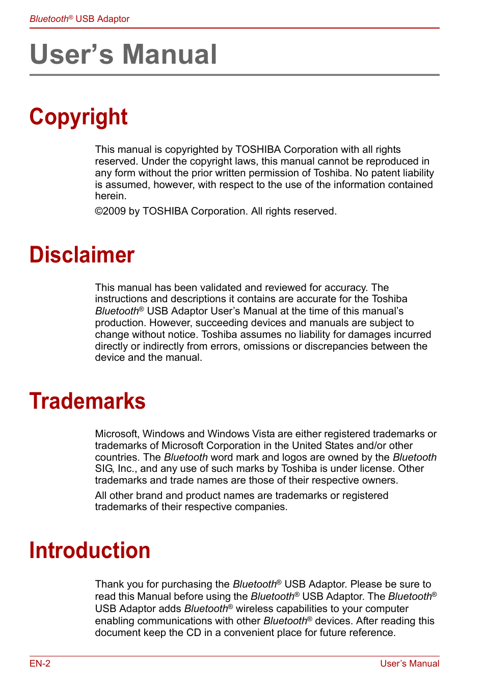 User’s manual, Copyright, Disclaimer | Trademarks, Introduction | Toshiba Bluetooth USB Adapter (PA3710) User Manual | Page 2 / 20