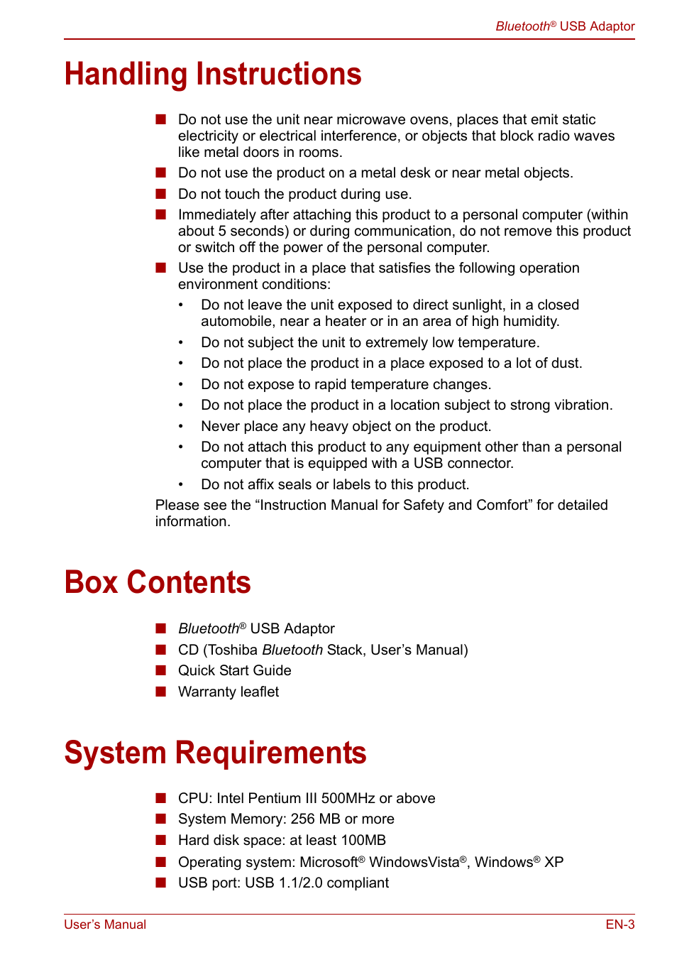 Handling instructions, Box contents, System requirements | Toshiba Bluetooth USB Adapter (PA3710) User Manual | Page 3 / 20