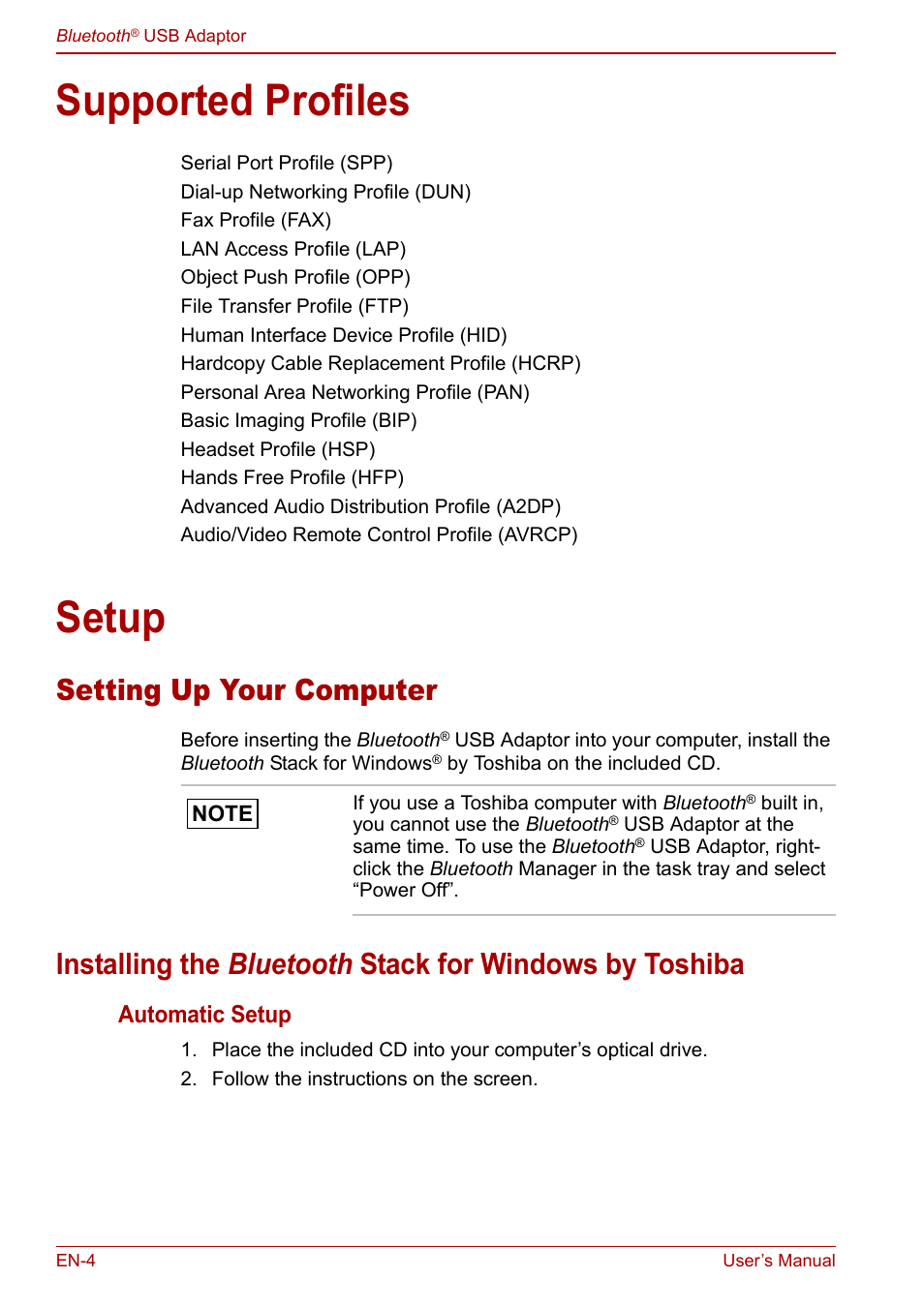 Supported profiles, Setup, Automatic setup | Setting up your computer | Toshiba Bluetooth USB Adapter (PA3710) User Manual | Page 4 / 20