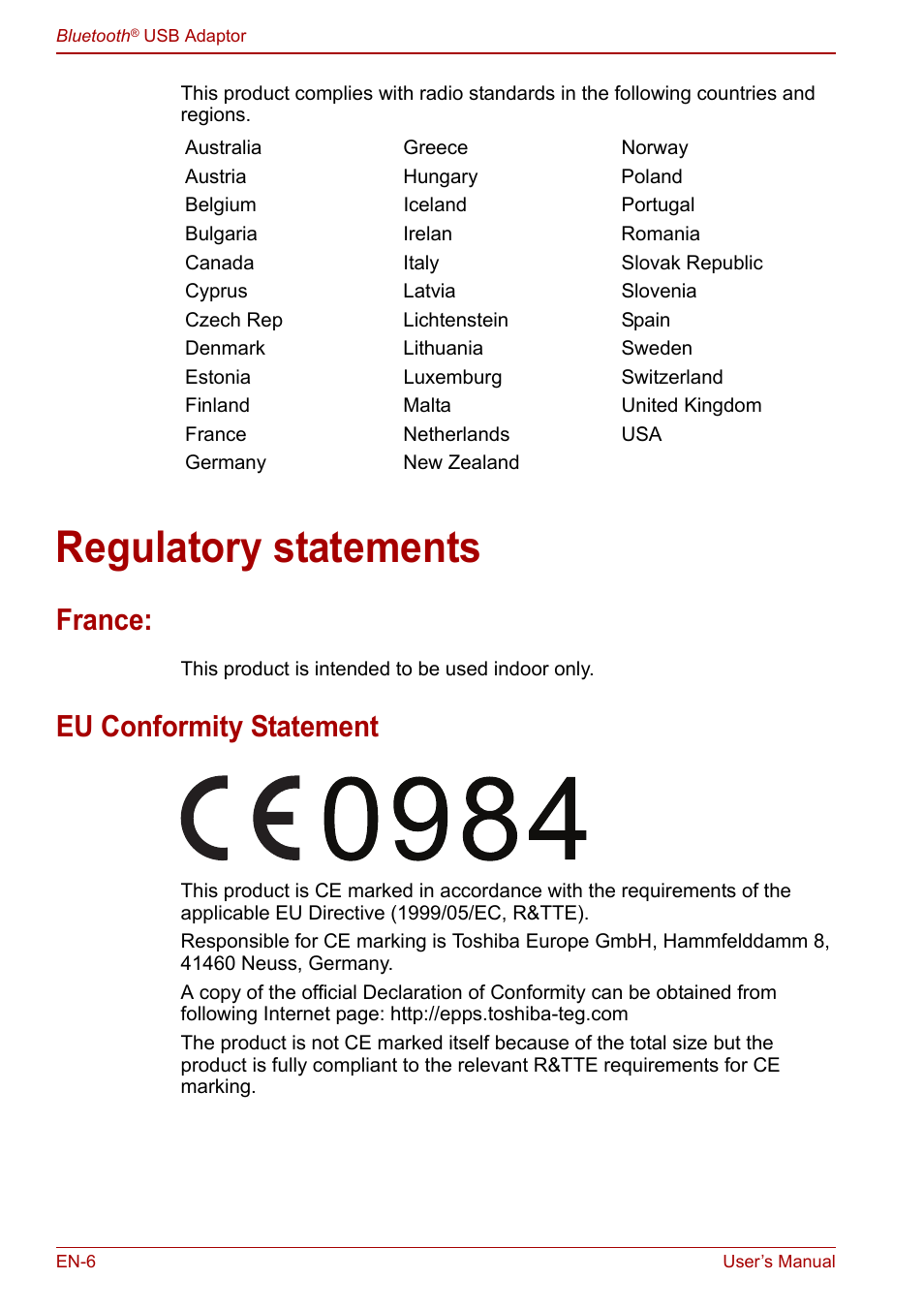 Regulatory statements, France, Eu conformity statement | Toshiba Bluetooth USB Adapter (PA3710) User Manual | Page 6 / 20