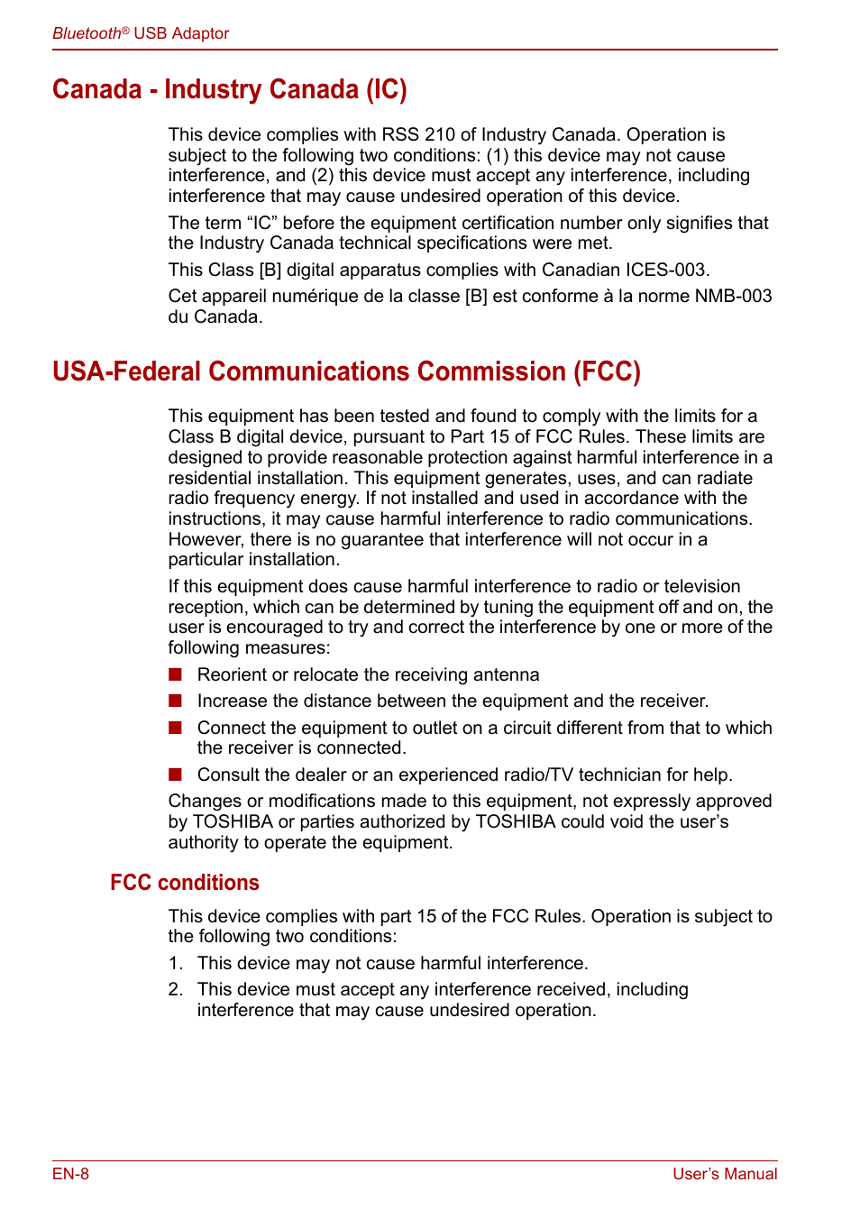 Canada - industry canada (ic), Usa-federal communications commission (fcc), Fcc conditions | Toshiba Bluetooth USB Adapter (PA3710) User Manual | Page 8 / 20