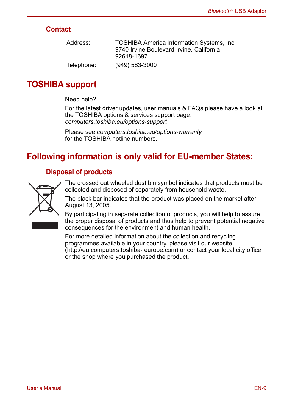 Contact, Toshiba support, Disposal of products | Toshiba Bluetooth USB Adapter (PA3710) User Manual | Page 9 / 20