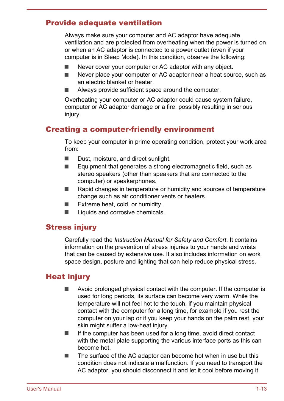 Provide adequate ventilation, Creating a computer-friendly environment, Stress injury | Heat injury | Toshiba WT8-A User Manual | Page 16 / 77