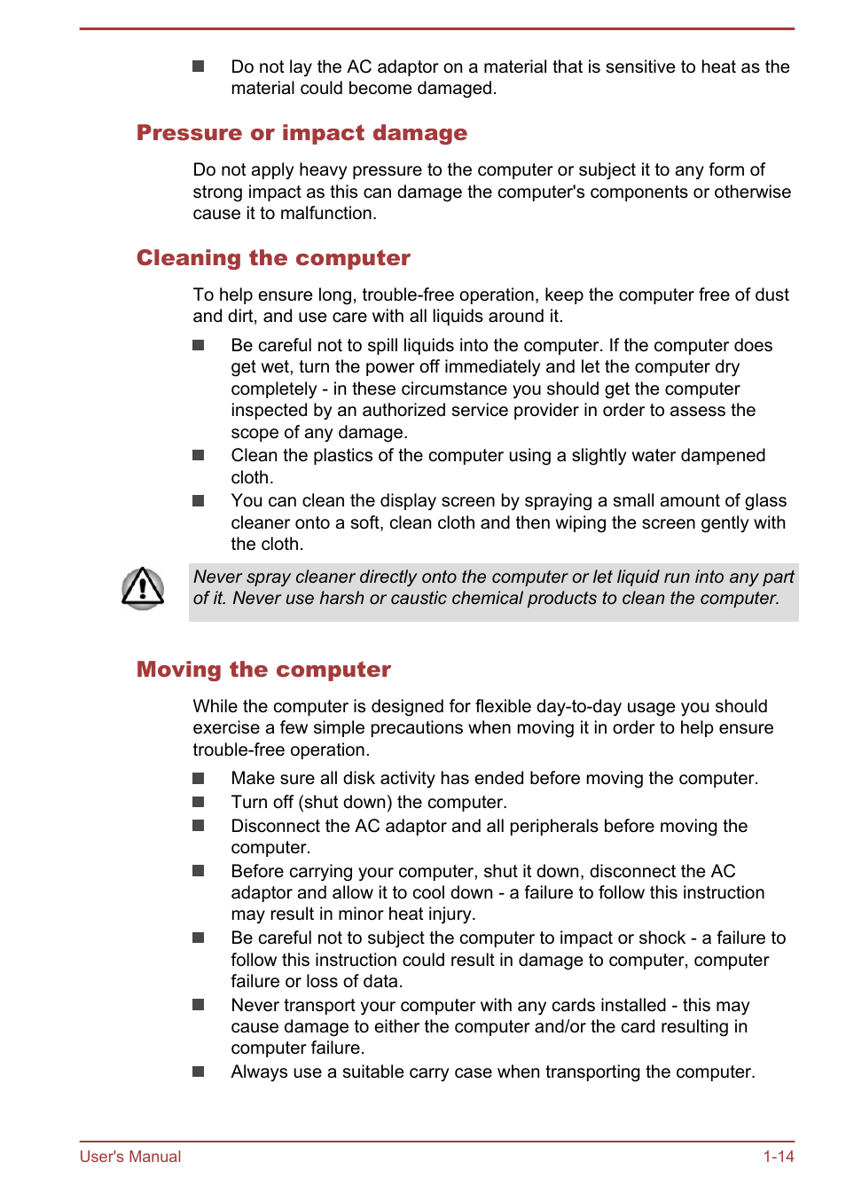 Pressure or impact damage, Cleaning the computer, Moving the computer | Toshiba WT8-A User Manual | Page 17 / 77