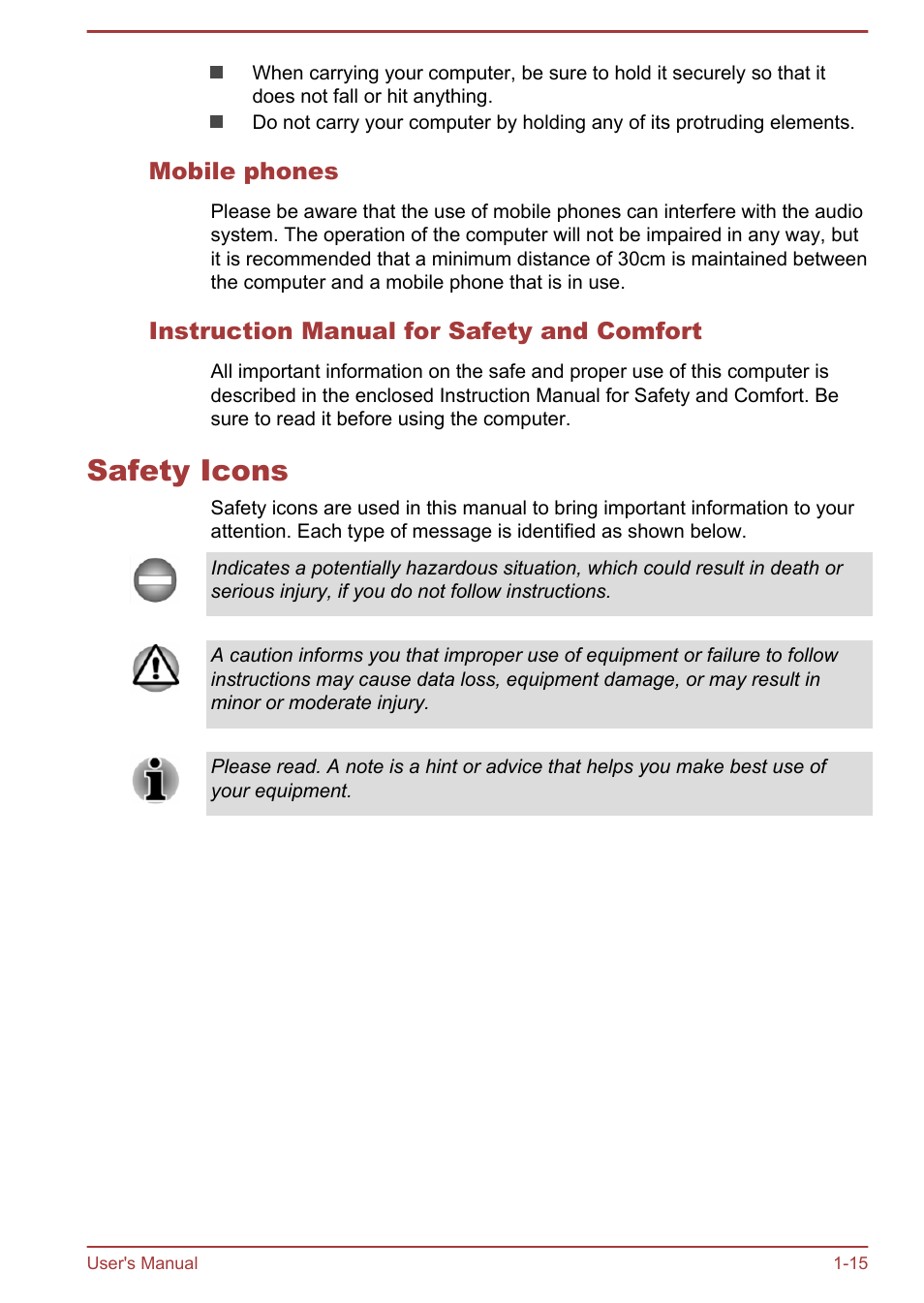 Mobile phones, Instruction manual for safety and comfort, Safety icons | Safety icons -15 | Toshiba WT8-A User Manual | Page 18 / 77