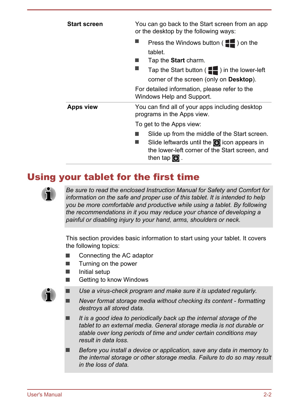 Using your tablet for the first time, Using your tablet for the first time -2 | Toshiba WT8-A User Manual | Page 20 / 77