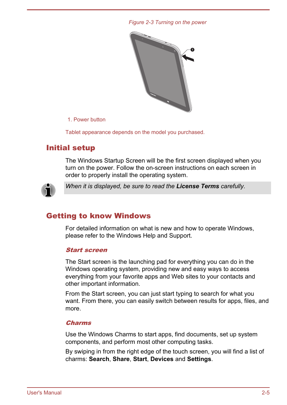 Initial setup, Getting to know windows | Toshiba WT8-A User Manual | Page 23 / 77