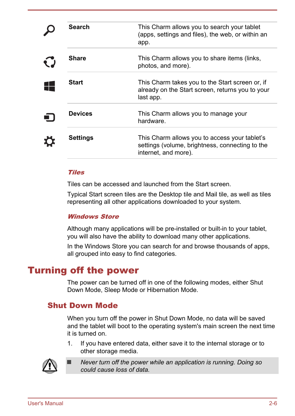 Turning off the power, Shut down mode, Turning off the power -6 | Toshiba WT8-A User Manual | Page 24 / 77