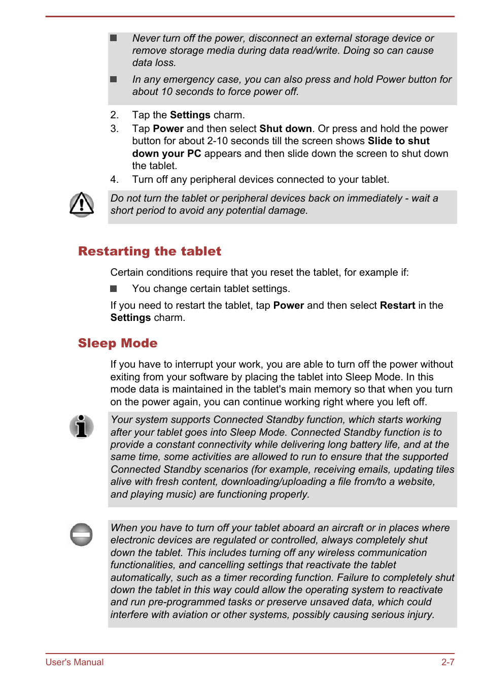Restarting the tablet, Sleep mode | Toshiba WT8-A User Manual | Page 25 / 77