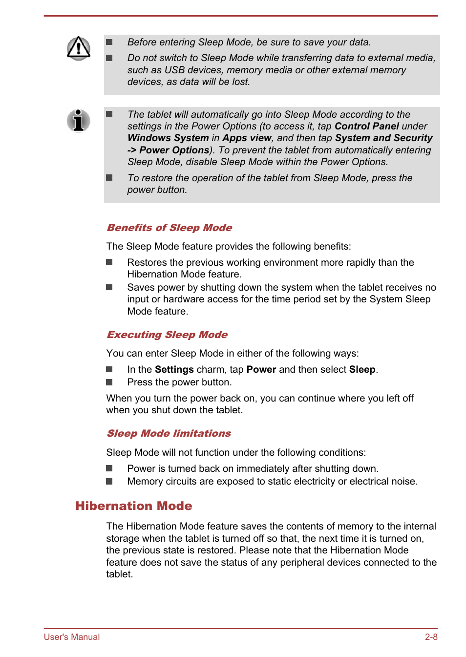 Hibernation mode | Toshiba WT8-A User Manual | Page 26 / 77