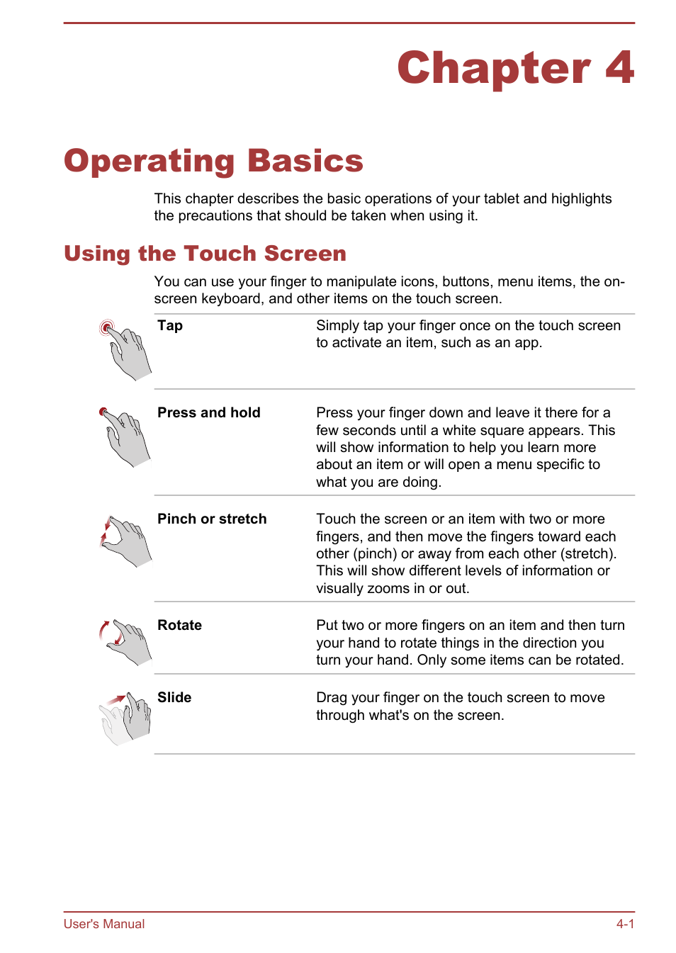 Chapter 4 operating basics, Using the touch screen, Chapter 4 | Operating basics, Using the touch screen -1 | Toshiba WT8-A User Manual | Page 34 / 77