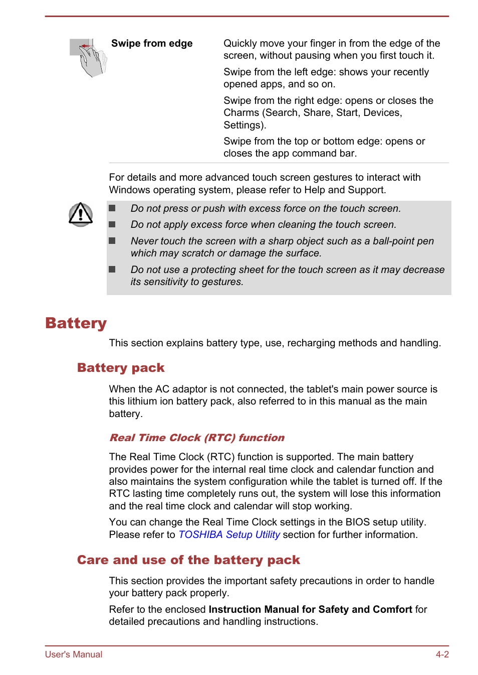 Battery, Battery pack, Care and use of the battery pack | Battery -2 | Toshiba WT8-A User Manual | Page 35 / 77